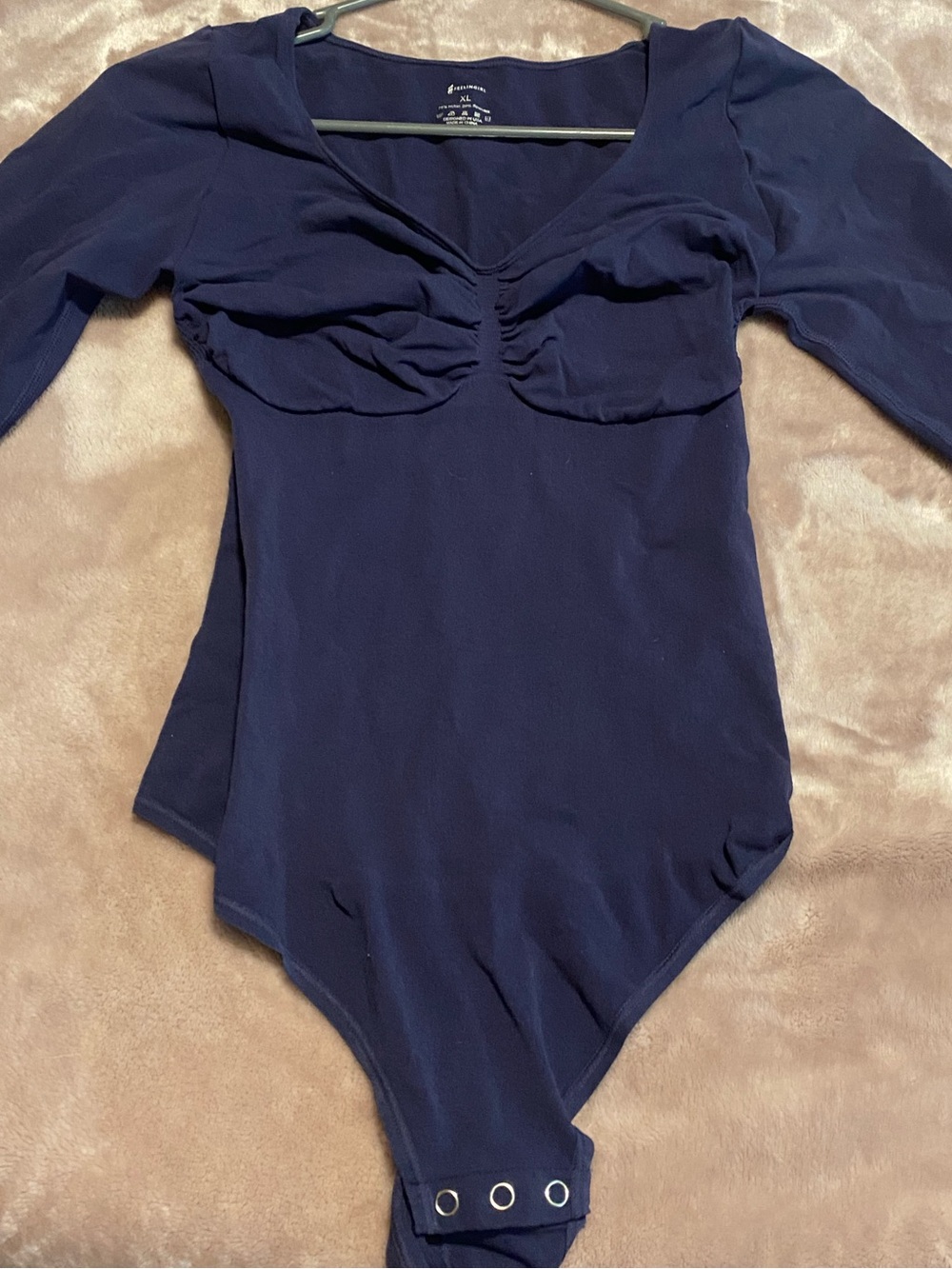 XL Feelingirl Long Sleeve Navy Bodysuit with Ruched Bust. Figure flattering